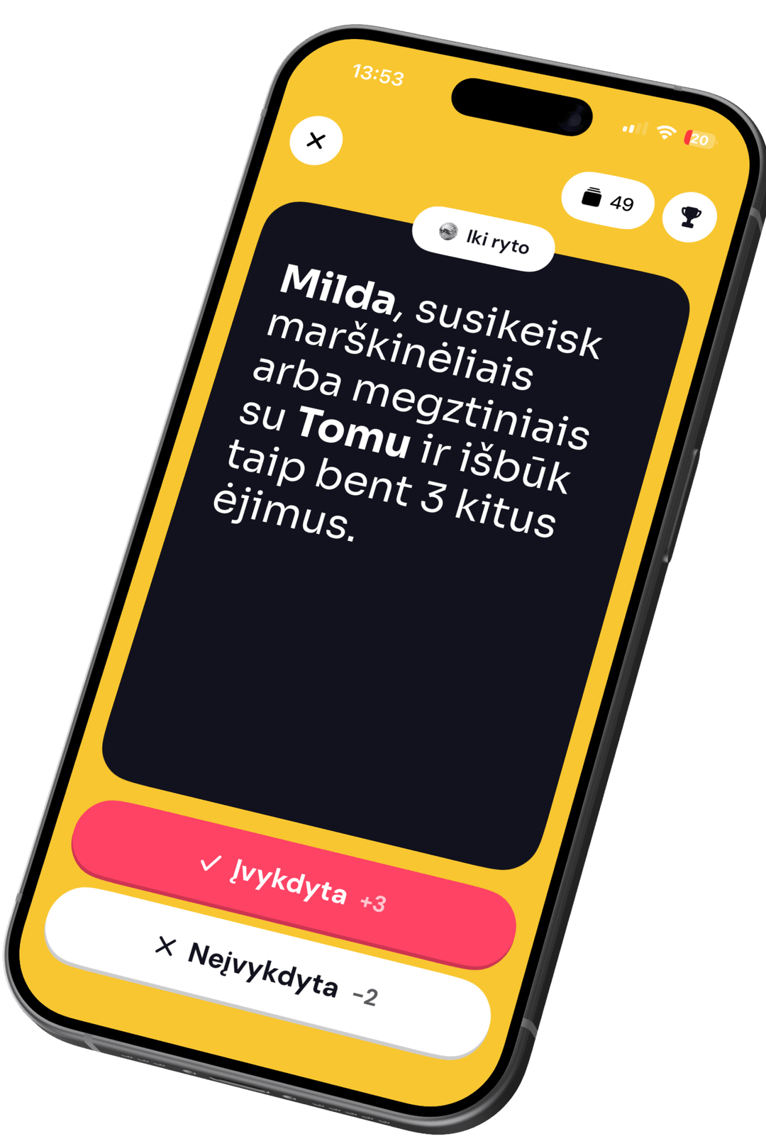 Tiesa ar Drąsa žaidimo klausimo ekranas