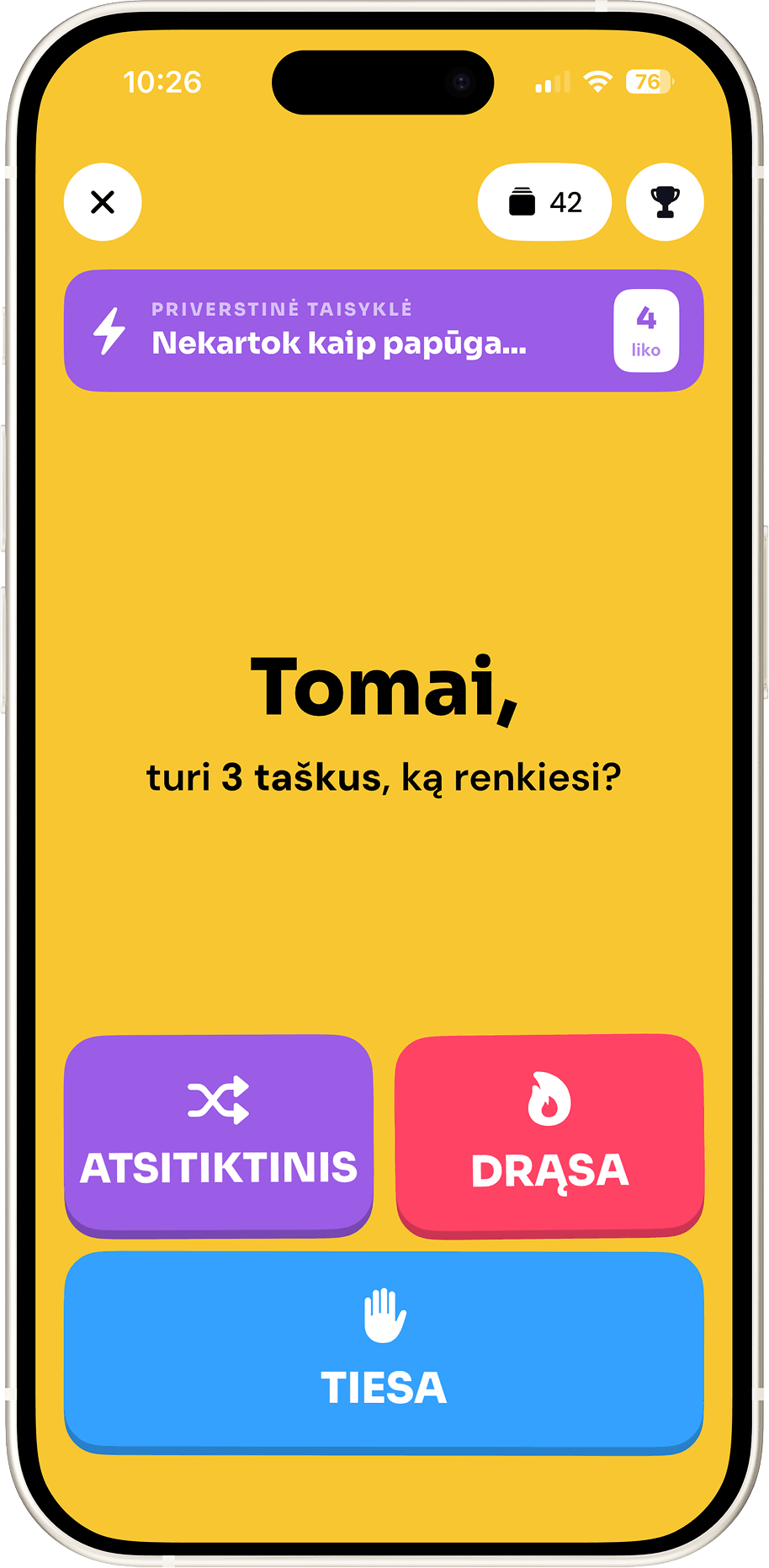 Tiesa ar Drąsa žaidimo ekranai telefone